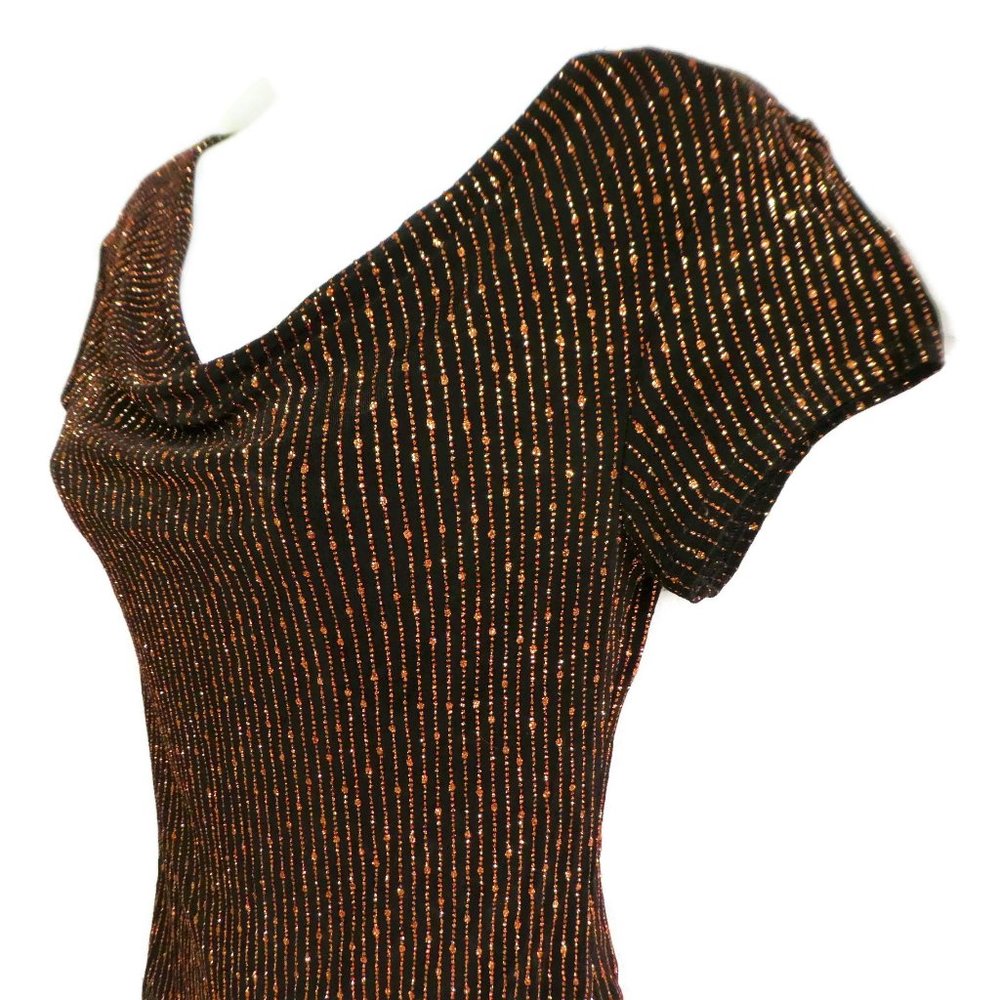 Vintage USA Onyx Nite Top Cocktail Copper Lame Draped Clingy Disco Stretchy Knit